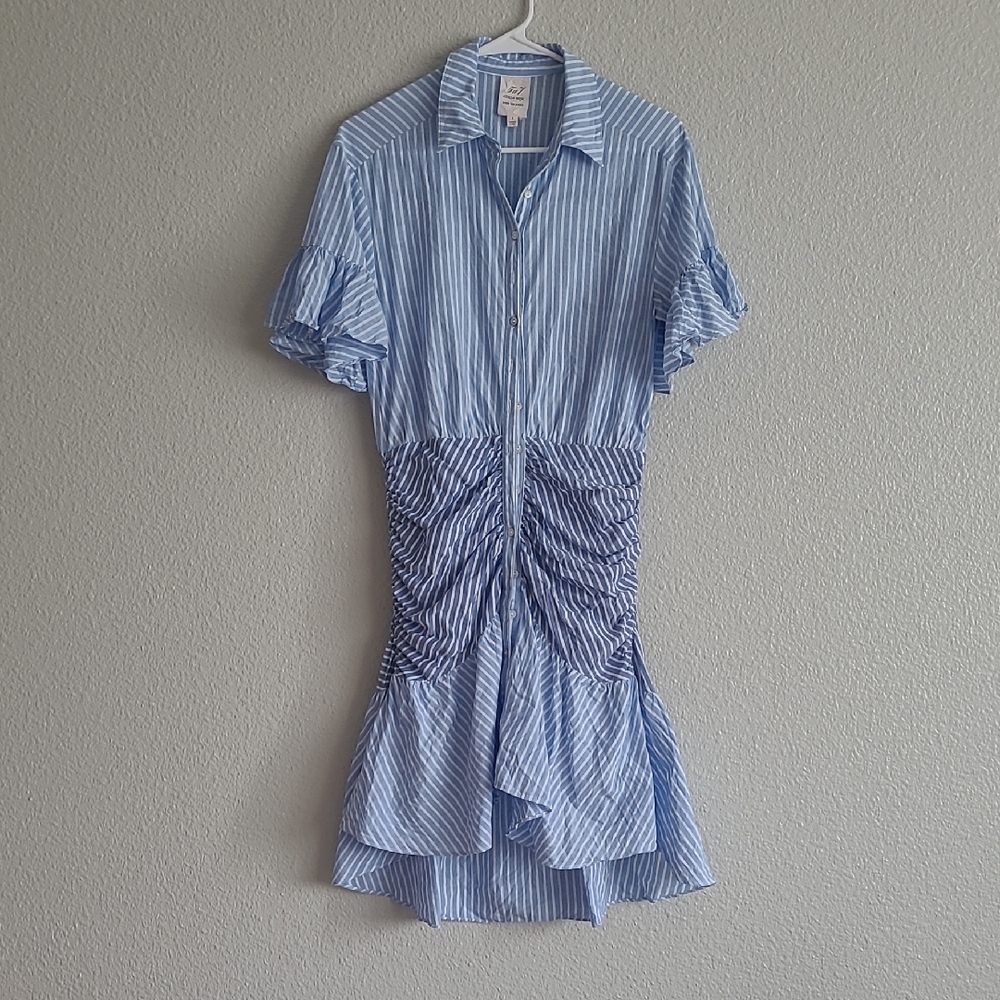Cinq à Sept Blue and White Striped High Low Dress